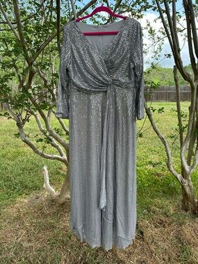 Silver Sequin Long-Sleeve Wrap Gown - Women's